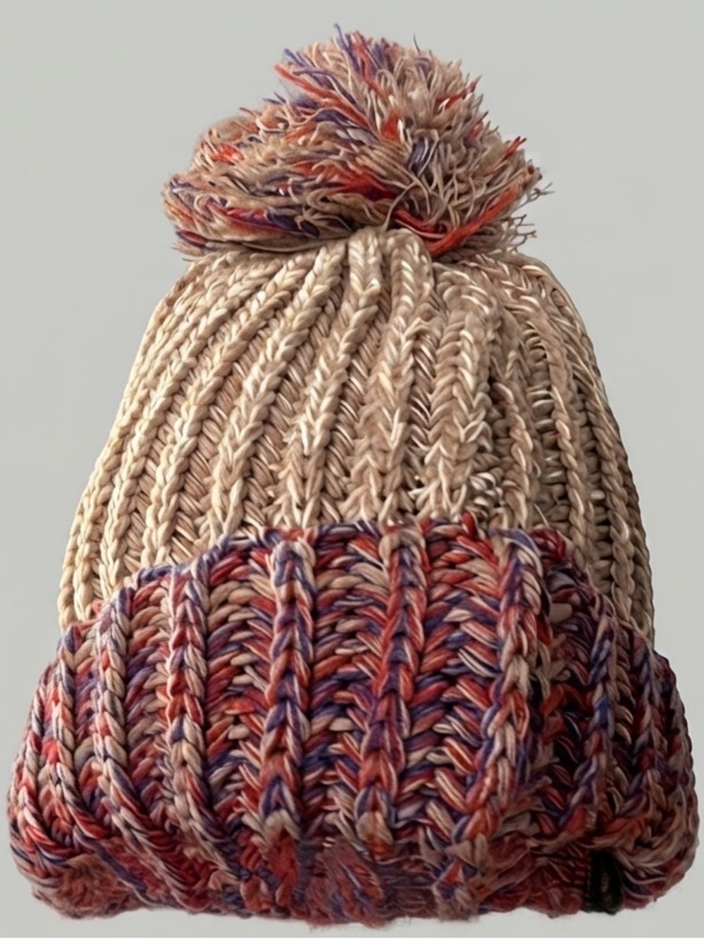 😍SHOW SPECIAL Beige Burgundy Knit Pom Pom Winter Hat NWT